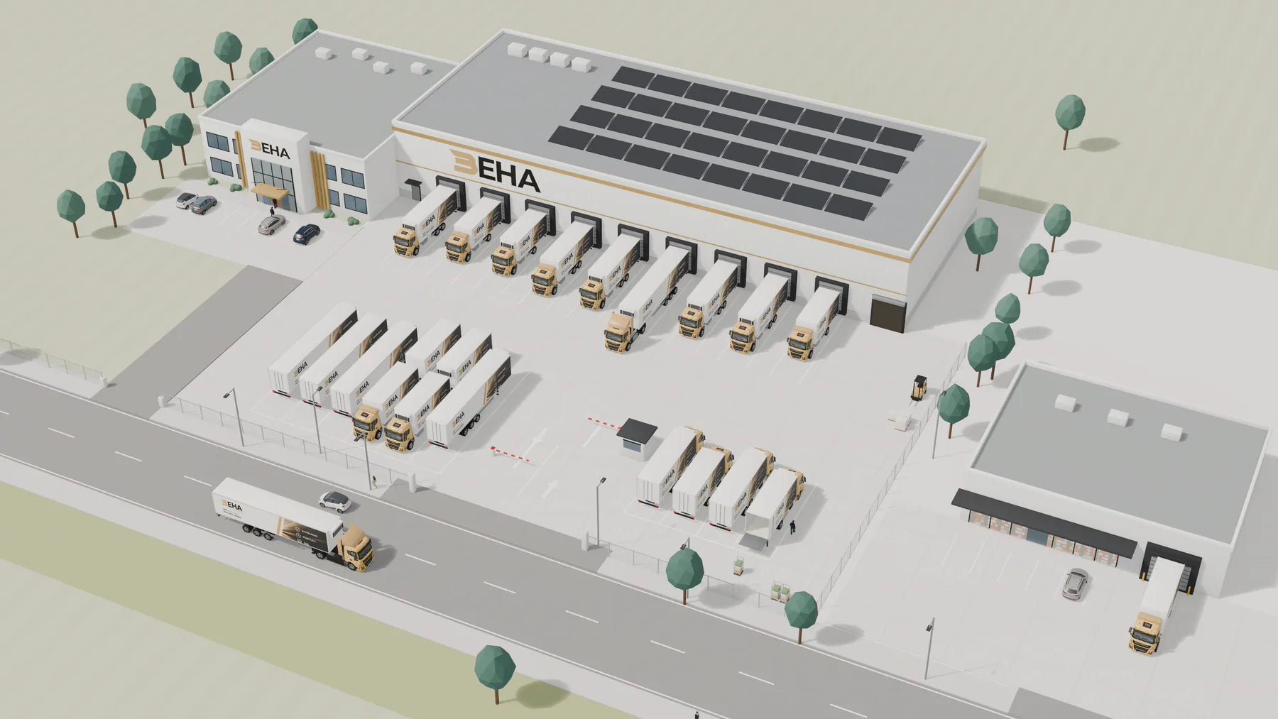 Illustration des BEHA-Firmensitzes mit Bürogebäude, Halle und Laderampen