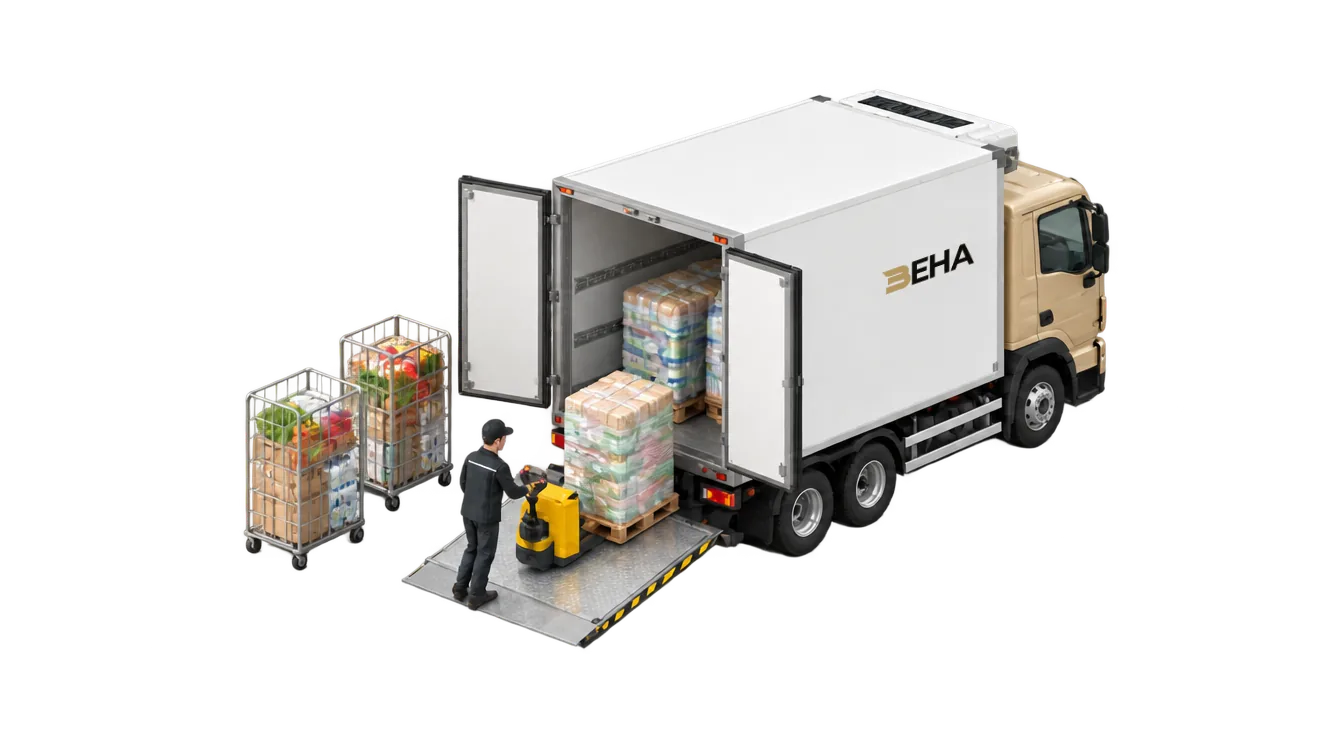 3D-Illustration: Fahrer entlädt Rollcontainer über die Ladebordwand eines Lkw