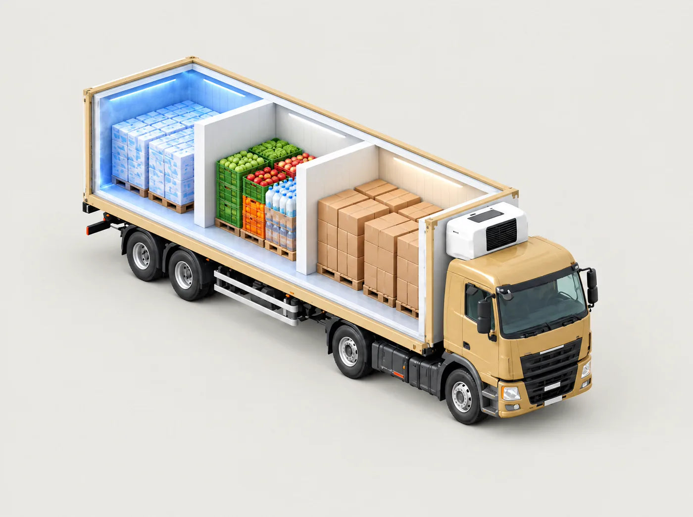 Illustration: BEHA-Lkw mit aufgeschnittenem Kühlkoffer und drei getrennten Temperaturzonen