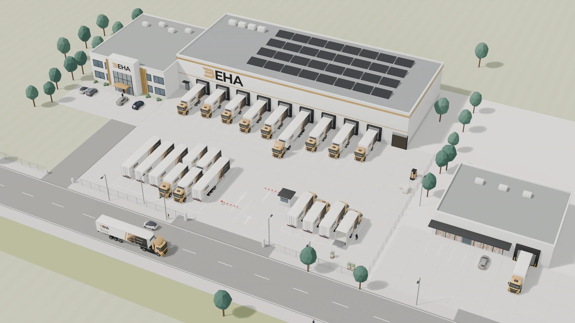 Illustration: BEHA-Lkw mit Kühlkoffern an den Laderampen der BEHA-Halle