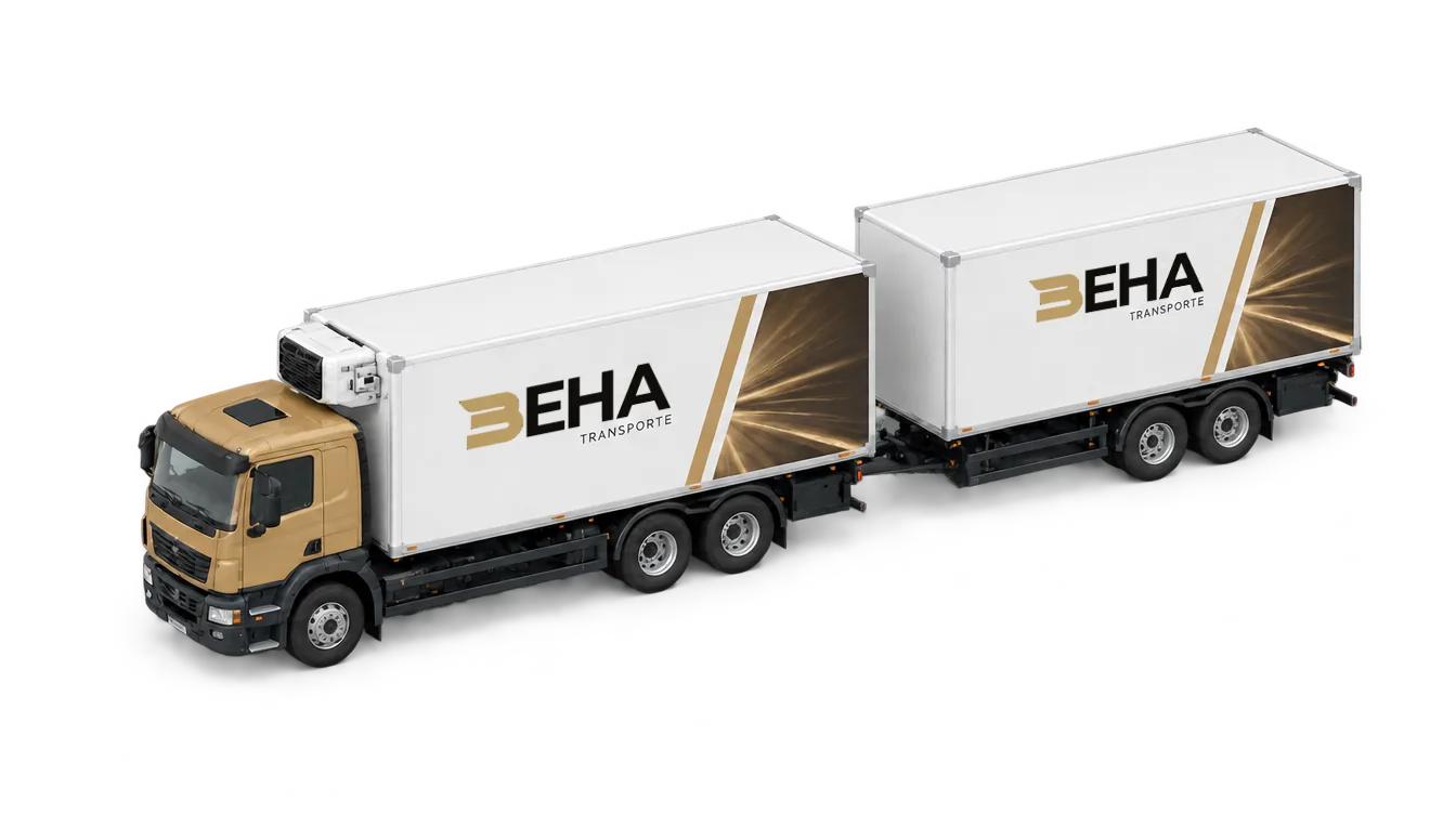 3D-Illustration: BEHA-Lkw mit Anhänger und Kühlaggregat