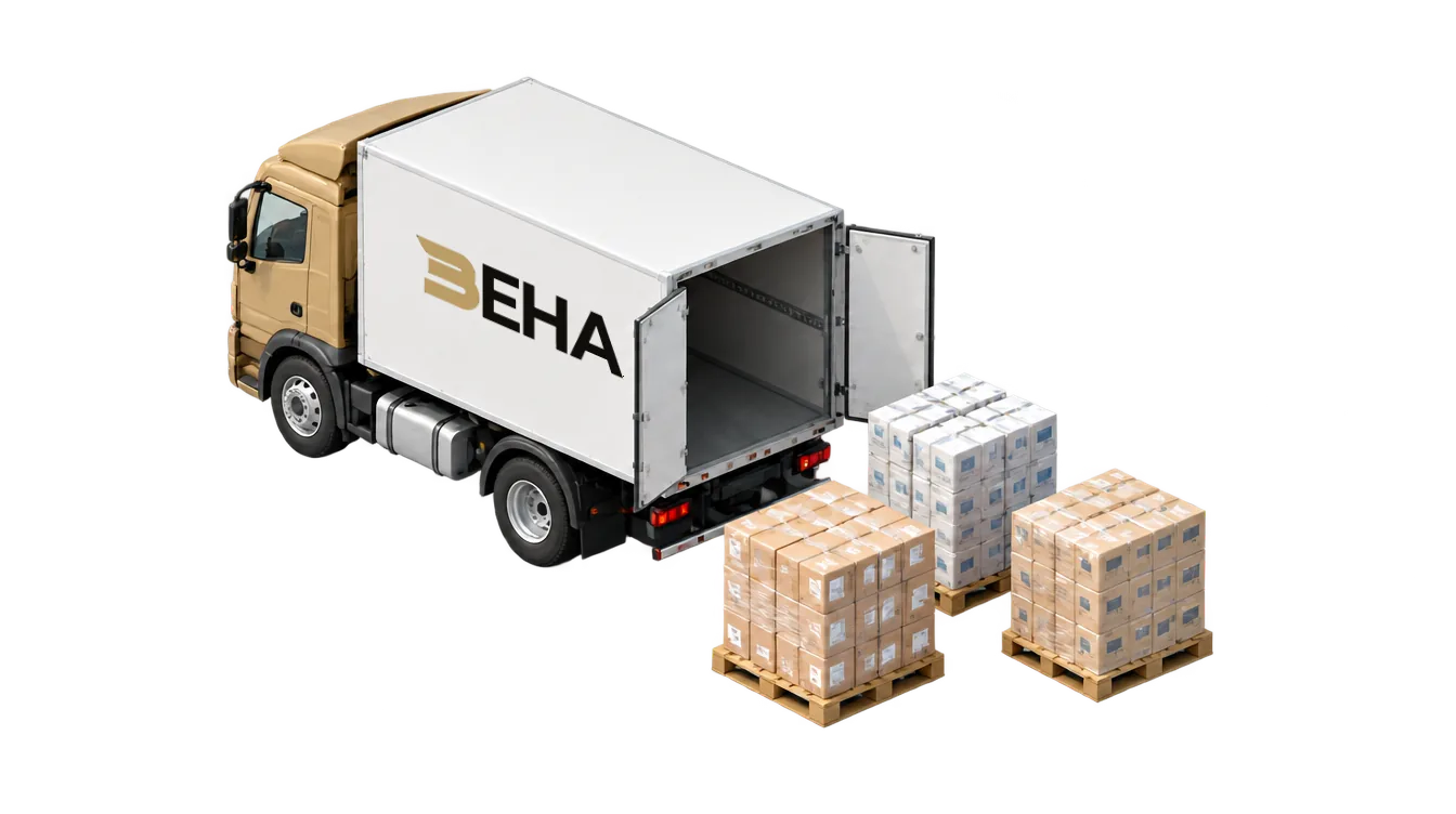 3D-Illustration: Lkw mit geöffneten Hecktüren und Paletten mit Trockenware