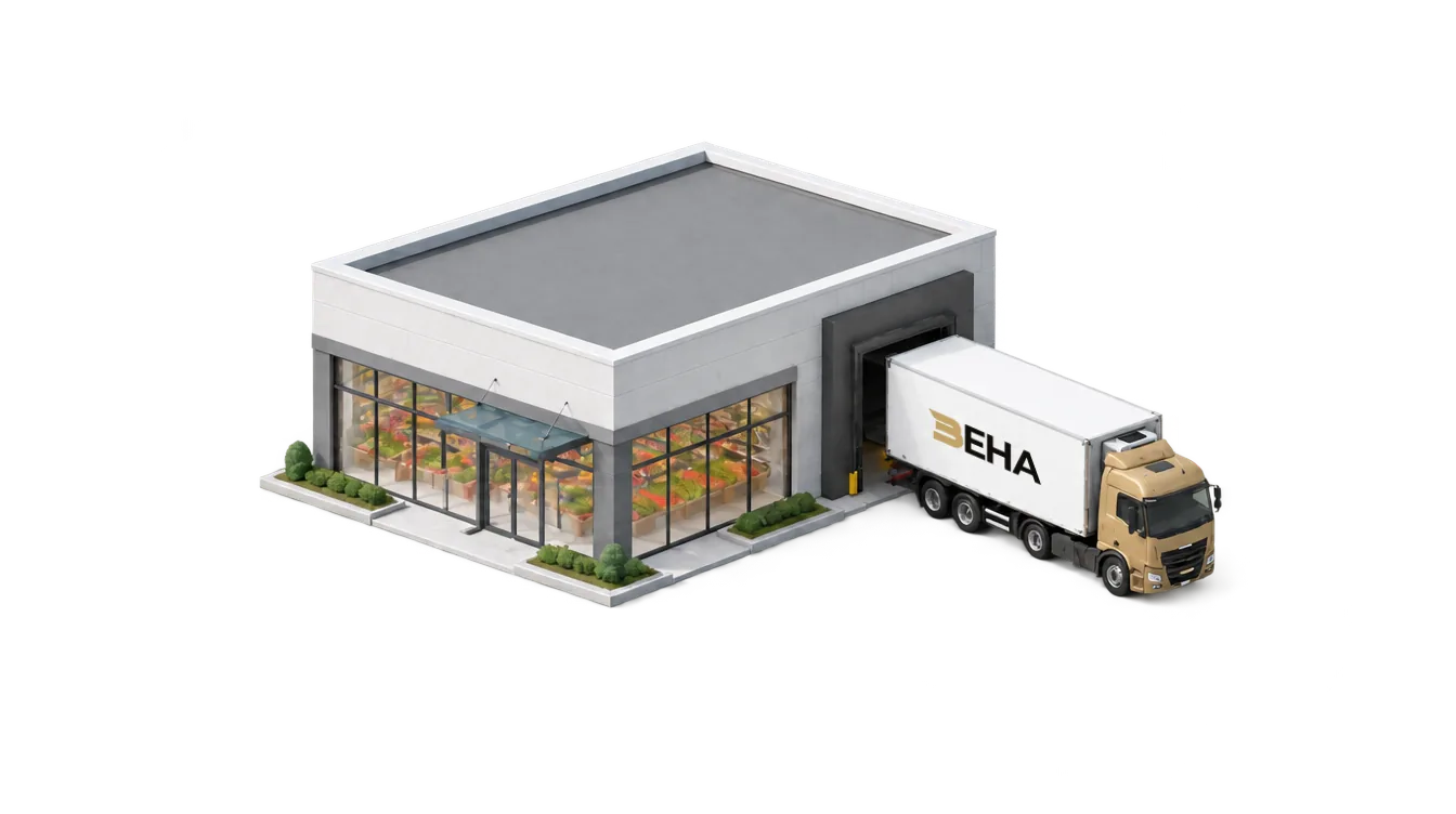 3D-Illustration: BEHA-Lkw an der Laderampe einer Supermarkt-Filiale