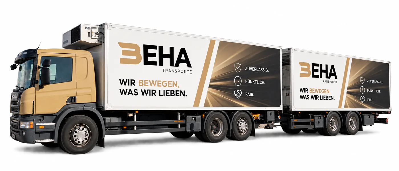 BEHA-Tandemzug mit beigefarbenem Scania-Fahrerhaus, Kühlkoffer und Anhänger